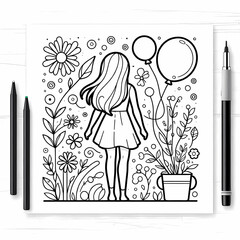 Whimsical Girl Coloring Page with Balloons and Flowers