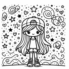 Cute Cartoon Girl with Stars and Hearts Doodle Background