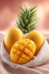 Tropical fruits like mangoes and pineapples are depicted in a still life that conveys a summer mood