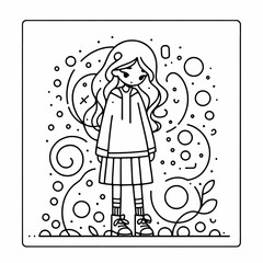 Cute Line Art Girl with Abstract Background for Coloring