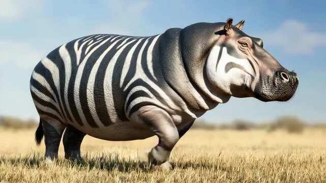 A Unique Zebra Striped Hippopotamus in the African Savanna Wildlife  showcasing unusual animal patterns