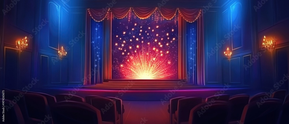 Aufkleber empty theater stage with red velvet curtains and starry backdrop low angle view for performance or p