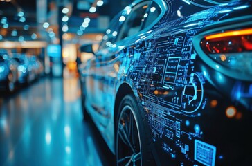 Dark Car with Glowing Blue Circuit Overlay in Dimly Lit Showroom