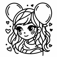 Cute Girl with Balloons and Hearts Illustration