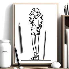 Stylish Line Art of a Young Woman in Casual Outfit