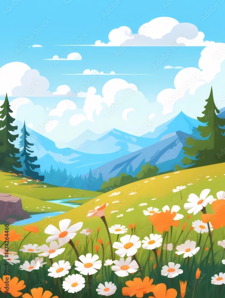 Poster 鮮やかな緑の牧草地と山の風景 白い雲が浮かぶ青い空とオレンジと白の花が咲く美しいピクセルアートの風景