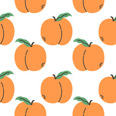Peach summer pattern on white background. Simple seamless pattern with peaches. Vector design for greeting card and invitation of seasonal summer holiday