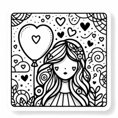 Whimsical Girl with Heart Balloon in Black and White Doodle Art