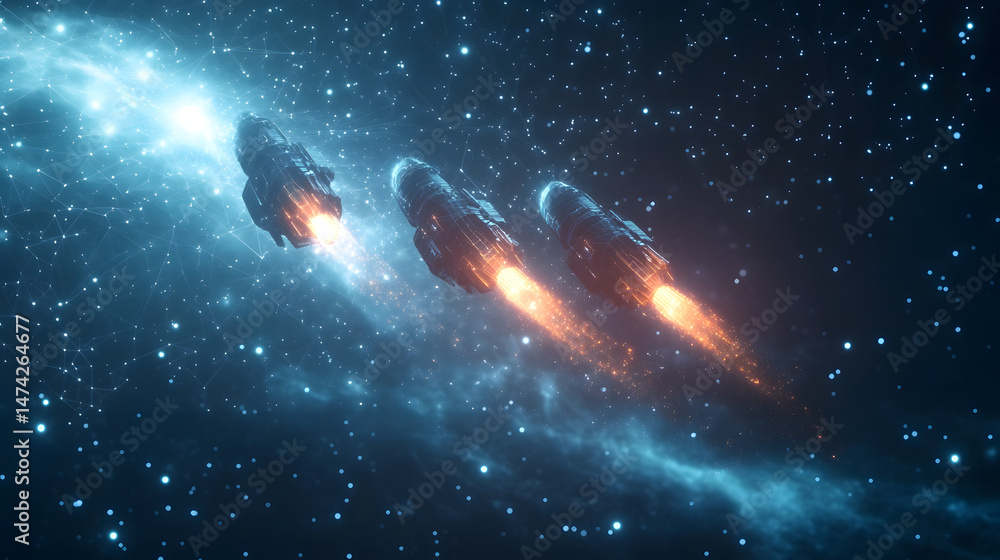 Leinwandbilder futuristic spaceships soar through a vibrant nebula, their fiery trails illuminating the dark expans
