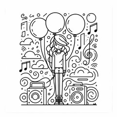 Girl with Balloons and Music Notes Illustration