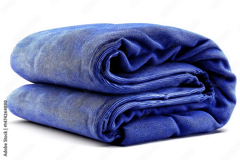 Poster Soft blue towel neatly rolled up on a white background for home or travel use and featuring versatile fabric for drying and comfort