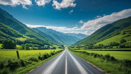 Naklejka premium An winding asphalt mountain road carves through a green summer landscape under a vast sky with clouds