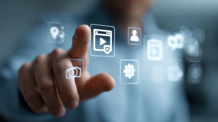 Hand touches digital screen with icons representing technology and information management.