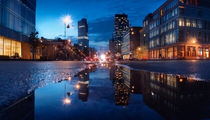 night city reflection in puddle urban street photography dark blue twilight cityscape building lights sky water image