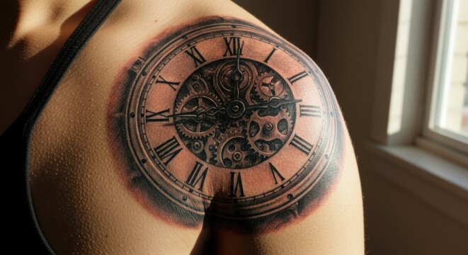 Clock Tattoo on Shoulder with Intricate Gear Details Close Up