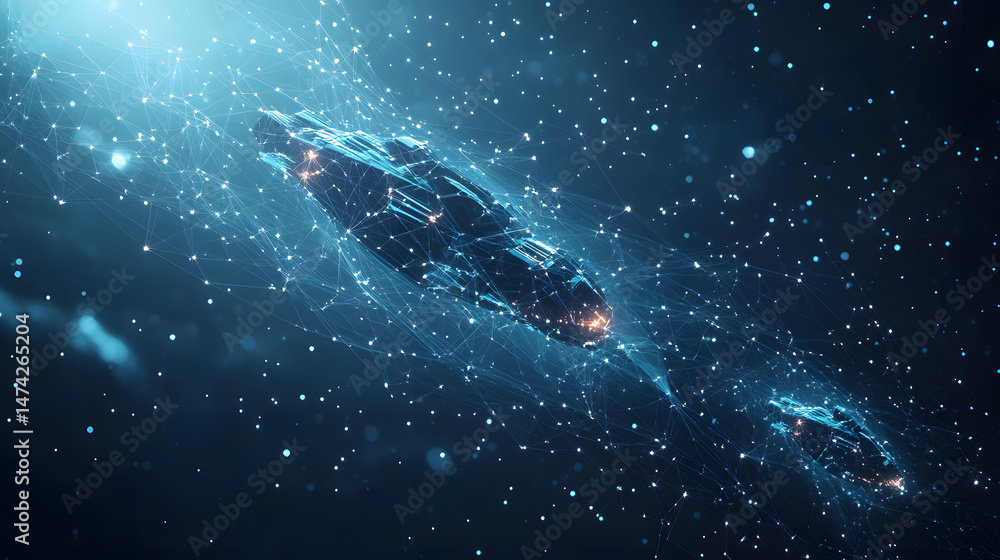 Poster Futuristic spacecraft navigate a complex digital web of interconnected nodes and glowing lines, symbolizing advanced communication. High-tech sci-fi aesthetic. Abstract wireframe in dark blue.