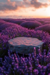 Lavender Field with Stone Podium at Sunset Close Up Shot for Product Display in Provence France