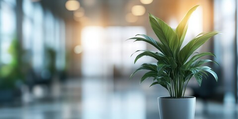 Indoor plant enhances workspace ambiance in a modern office setting during daytime hours