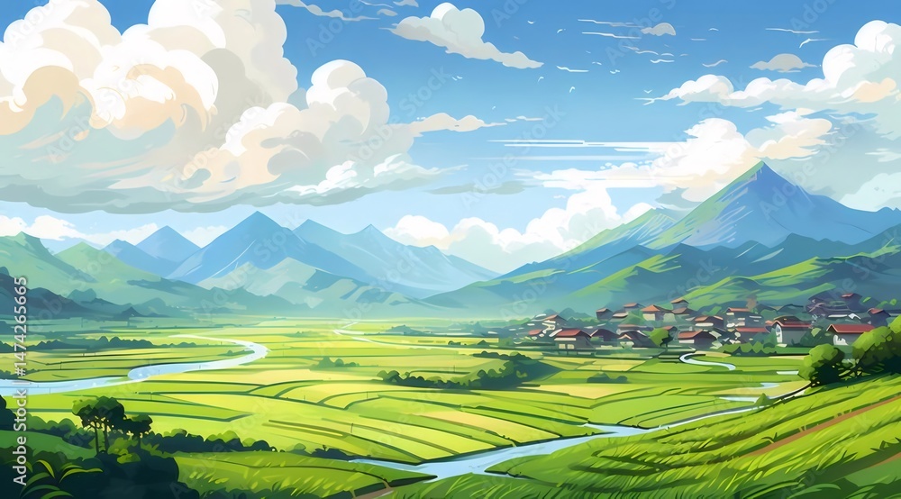 Aufkleber 日本の田舎風景 青空に白い雲が浮かぶ山間の村と緑豊かな田んぼの美しい景色ピクセルアート