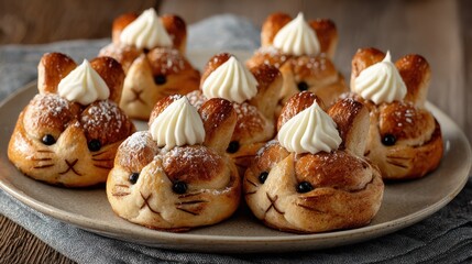 Plate of animal shaped sweet buns topped with cream on a wooden surface.
