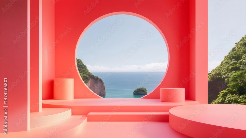 Poster ピンクの構造物が海の景色を囲むアーチ型構造と熱帯の背景 現代的な建築デザインと幾何学的な装飾が施された静かな海辺の景色