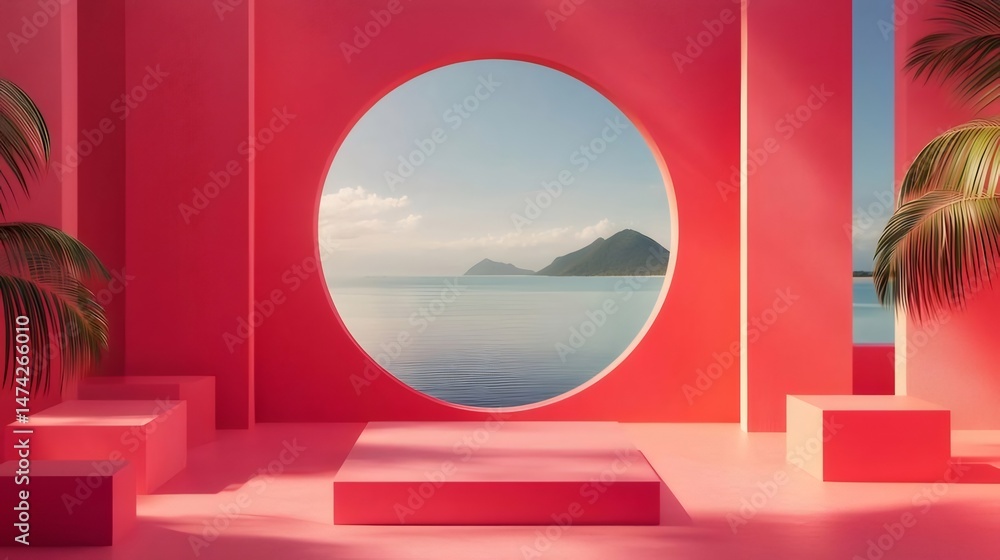 Aufkleber ピンク色の建築構造と丸い窓から見える熱帯の海の風景 夏の風景 旅行のコンセプト