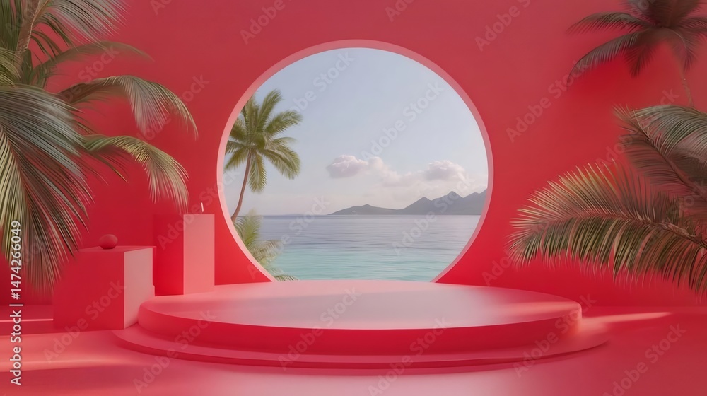 Aufkleber サンゴ色の円形プラットフォームステージとトロピカルオーシャンビューとヤシの木があるシーンの背景