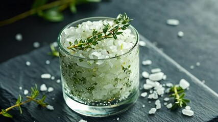 A single glass jar of infused sea salt styled on a slate board with herbs. background - Powered by Adobe