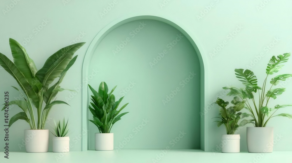 Aufkleber ミントグリーンの背景に白い鉢に入った観葉植物とアーチ型のフレームの室内装飾の静物