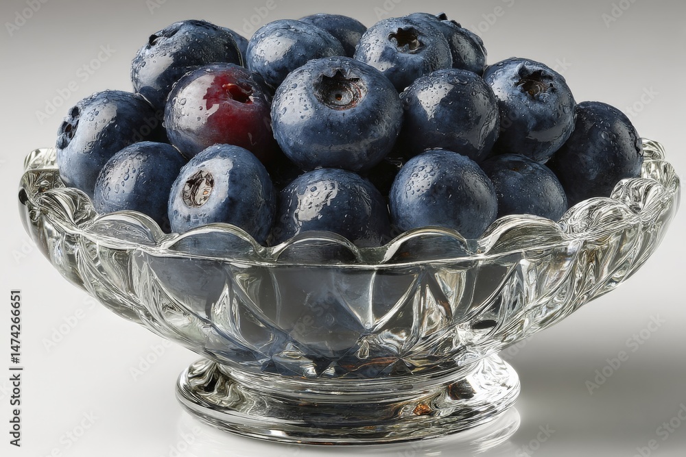 Aufkleber fresh blueberries arranged in a crystal bowl on a smooth surface with droplets of water