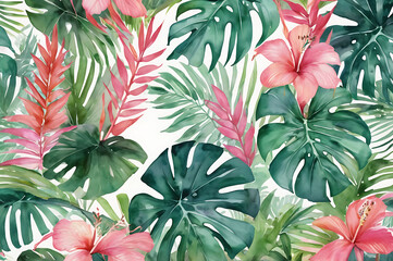 Seamless watercolor pattern of lush palm leaves and bold Hawaiian flowers in rich greens and pinks. Tropical boho-chic vibe, airy and exotic aesthetic.