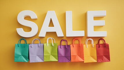 White SALE letters above colorful shopping bags on yellow background, showcasing a retail sale concept, ideal for advertising or promotional materials