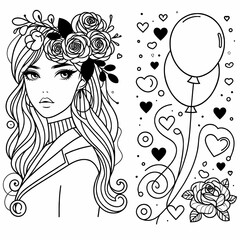 Romantic Line Art of a Woman with Balloons and Flowers