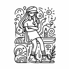 Trendy Girl Illustration with Abstract Elements and Nature Motifs