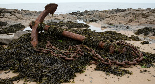 Rusty Anchor on Sandy Beach With Seaweed