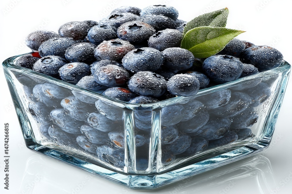 Poster fresh blueberries displayed in a glass container with droplets on a bright background