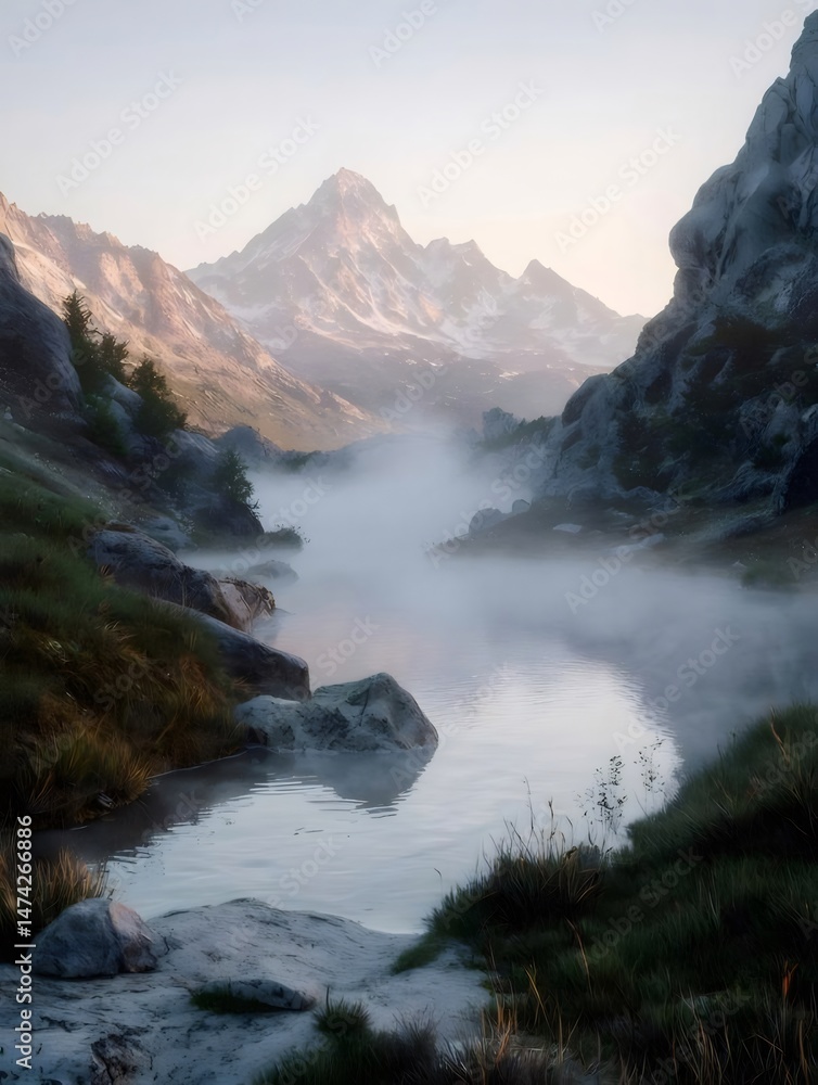 Poster 霧深い川が流れる山間の風景 朝焼けに染まる岩山と緑の草地が美しい自然の眺め