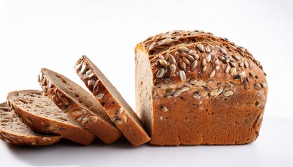 freshly baked multigrain bread loaf with slices and seeds on white background healthy homemade bakery product for breakfast or snack white background