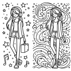 Stylish Girl with Headphones in a Whimsical Background