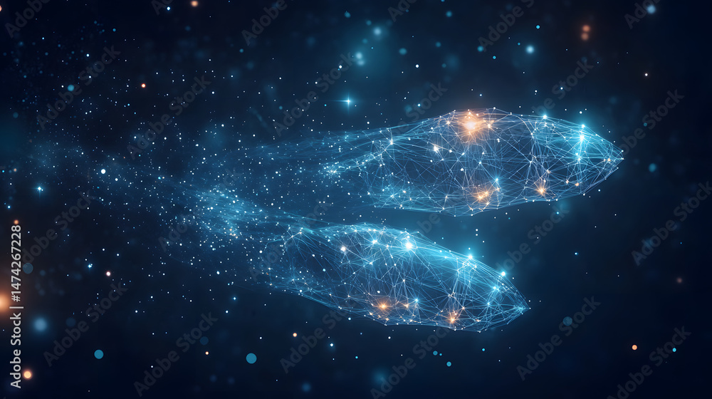 Aufkleber cosmic dance of glowing networks amidst a starlit expanse. interconnected shapes surge forward, leav
