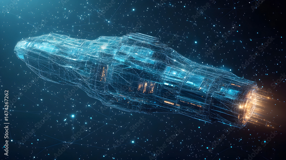 Poster futuristic spaceship hurtles through deep space, its glowing blue wireframe revealing powerful orang