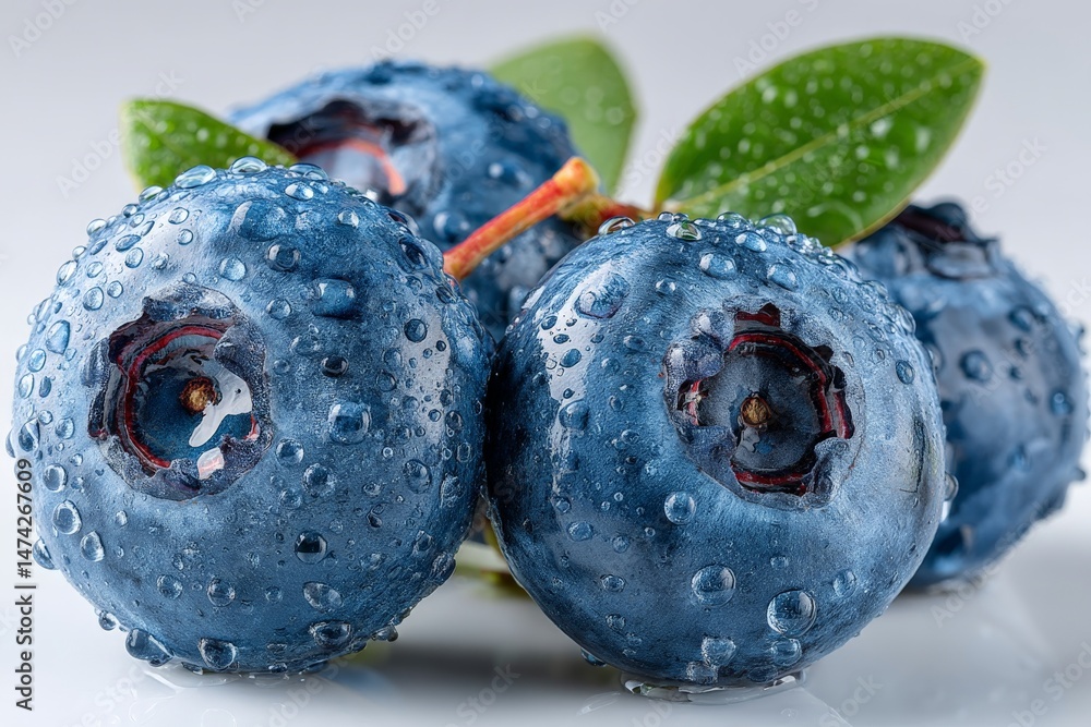 Poster fresh blueberries with water droplets resting on a surface with green leaves in a bright setting