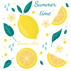 Summer set with juicy lemon, leaves and flowers