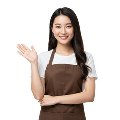 Smiling woman in apron, waving isolated on transparent background