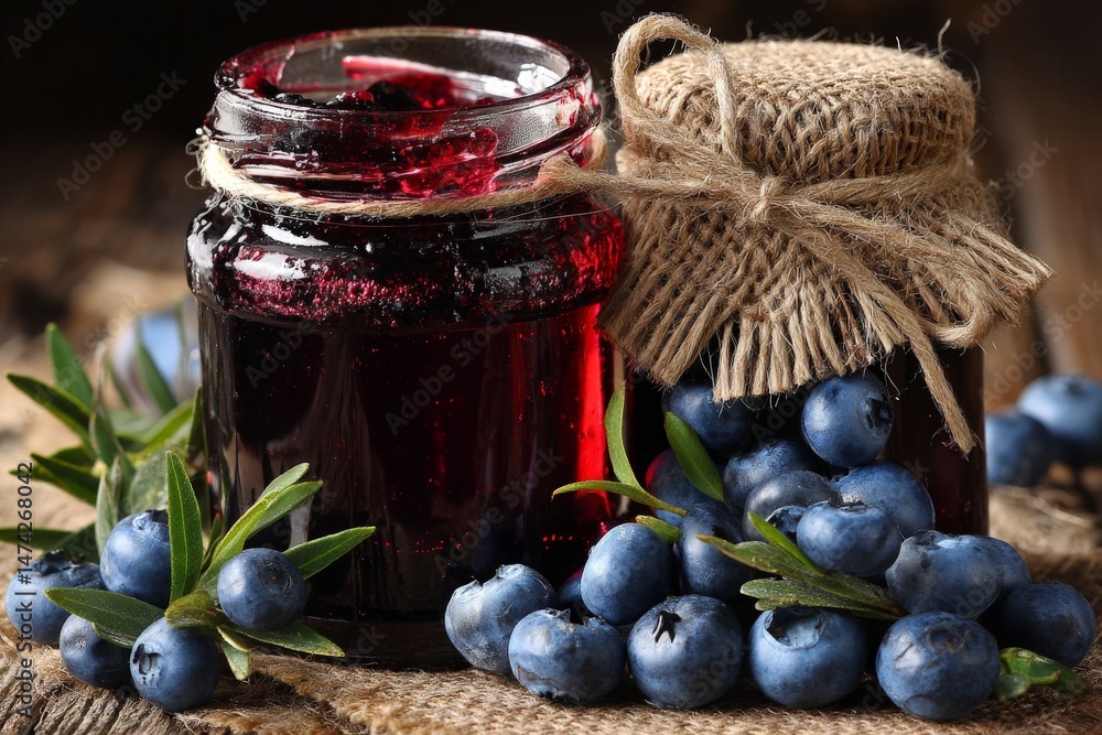 Poster blueberry jam made from fresh berries and displayed on a rustic wooden table with green leaves