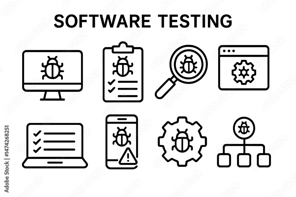 Poster collection of vector illustration icons depicting version control concepts for software development 