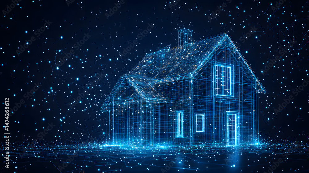 Poster futuristic blue wireframe house glows in the digital night. networked lines create a modern, technol