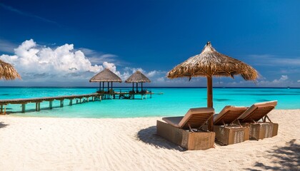 Fototapeta premium tropical beach with lounge chairs parasols and pier in the turquoise sea