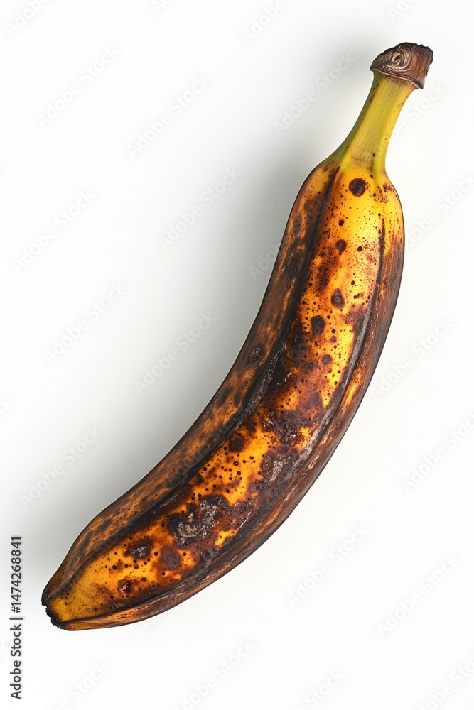 Poster overripe banana showing decomposition process on white background studio shot overhead view
