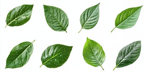 Eight Green Leaves on White Background